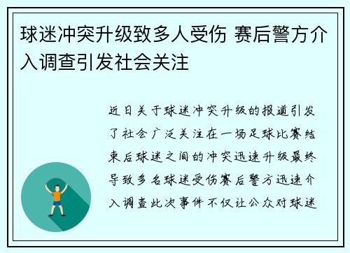 球迷冲突升级致多人受伤 赛后警方介入调查引发社会关注